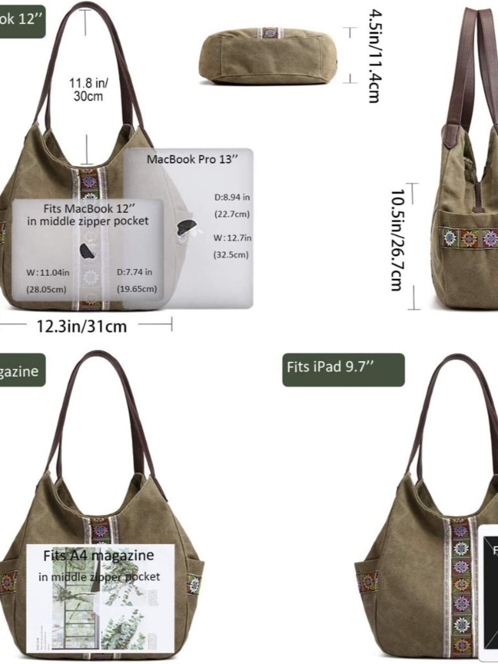 Worldlyda Women Canvas Hobo Purse Multi Pocket Tote Shopper Shoulder Bag Casual - Picture 6 of 7